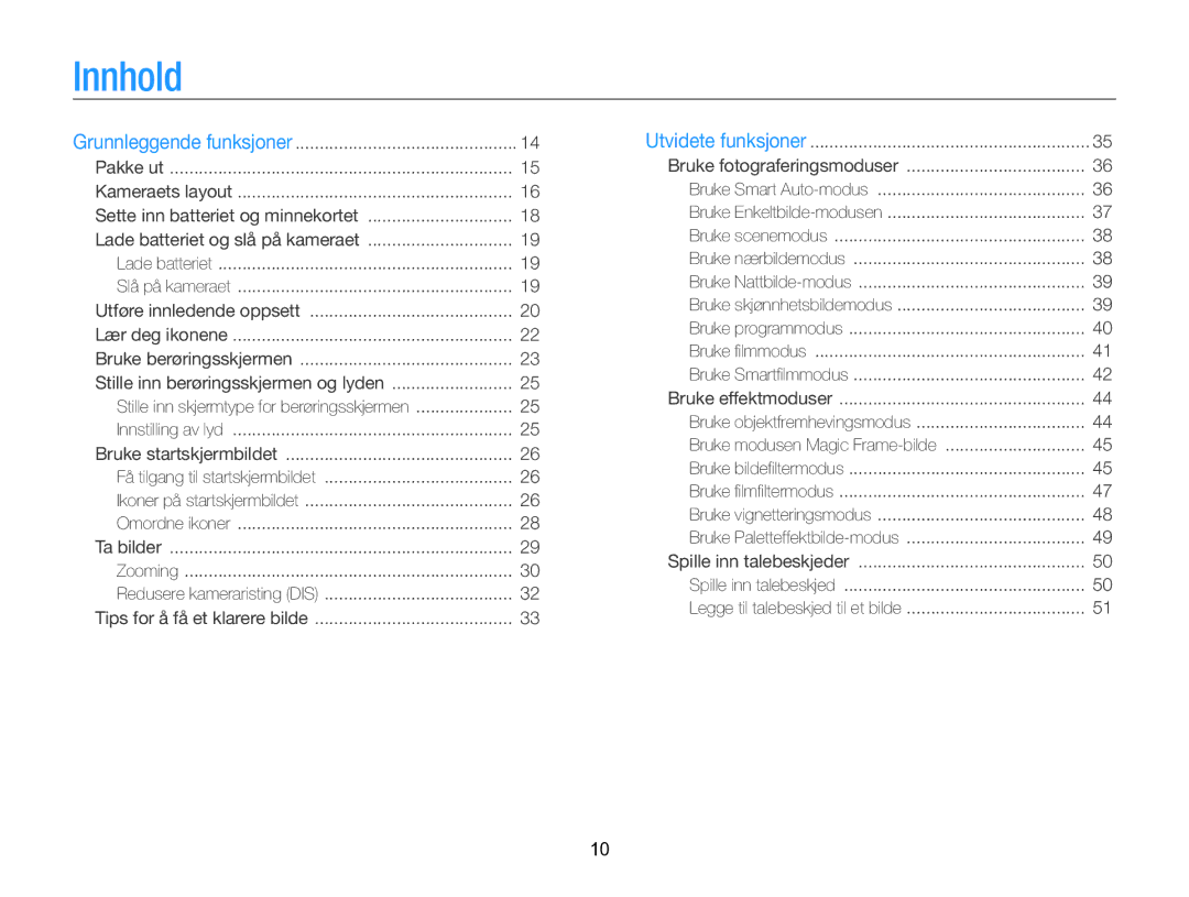 Samsung EC-SH100ZBPBE2, EC-SH100ZBPSE2, EC-SH100ZBPRE2 manual Innhold 