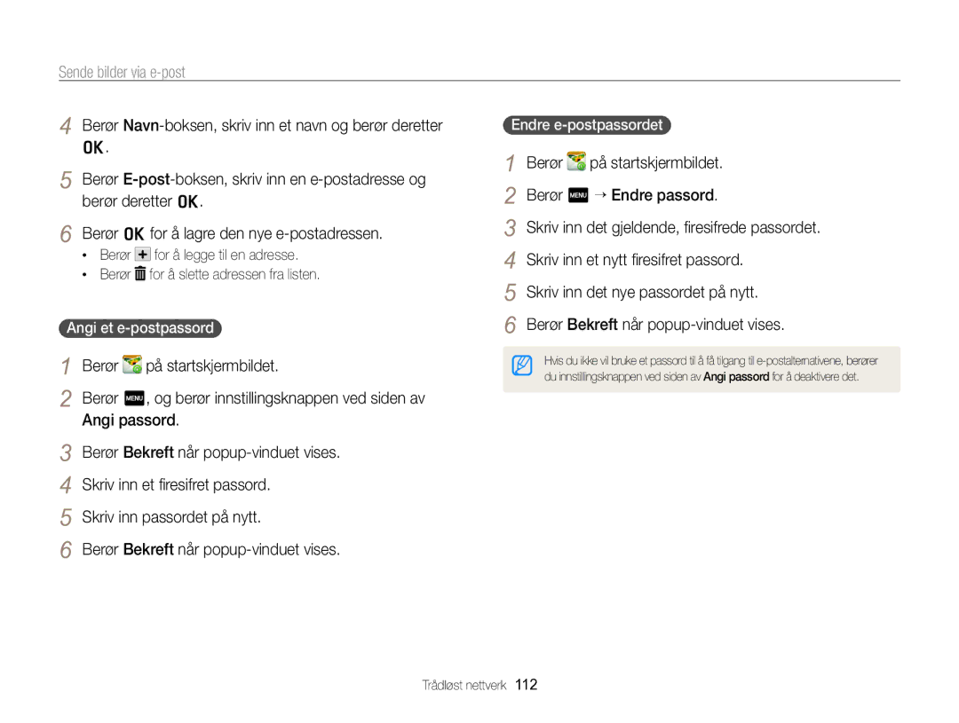 Samsung EC-SH100ZBPBE2, EC-SH100ZBPSE2 manual Sende bilder via e-post, Angi passord, Berør Bekreft når popup-vinduet vises 