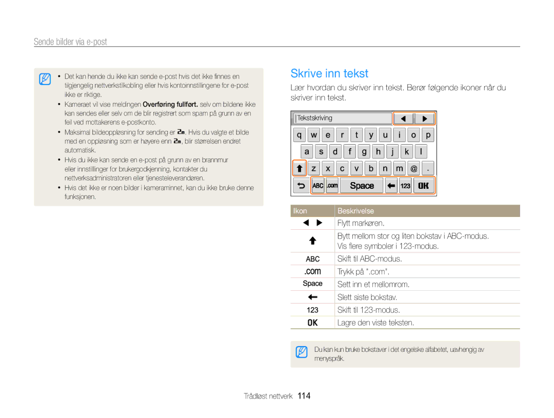 Samsung EC-SH100ZBPRE2, EC-SH100ZBPSE2, EC-SH100ZBPBE2 manual Skrive inn tekst, Ikon 