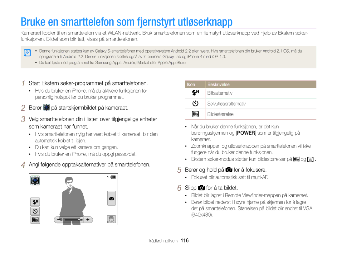 Samsung EC-SH100ZBPSE2, EC-SH100ZBPRE2, EC-SH100ZBPBE2 manual Bruke en smarttelefon som fjernstyrt utløserknapp 