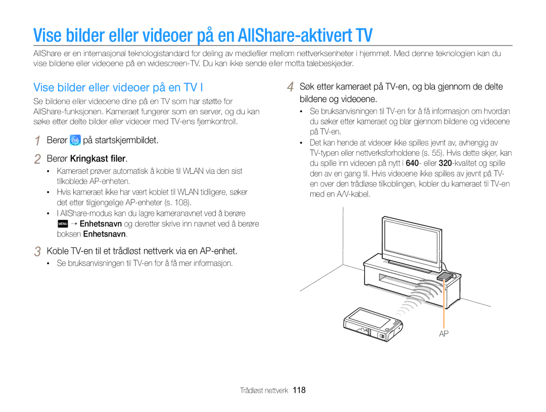 Samsung EC-SH100ZBPBE2 manual Vise bilder eller videoer på en AllShare-aktivert TV, Vise bilder eller videoer på en TV 