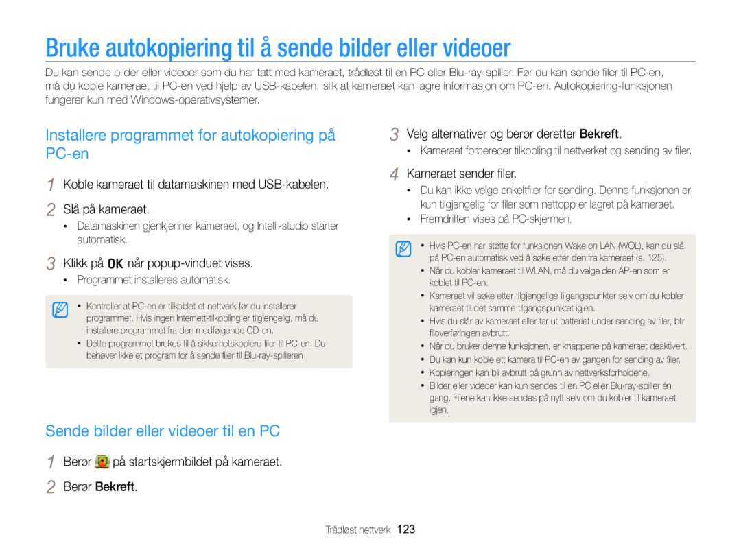 Samsung EC-SH100ZBPRE2 manual Bruke autokopiering til å sende bilder eller videoer, Sende bilder eller videoer til en PC 