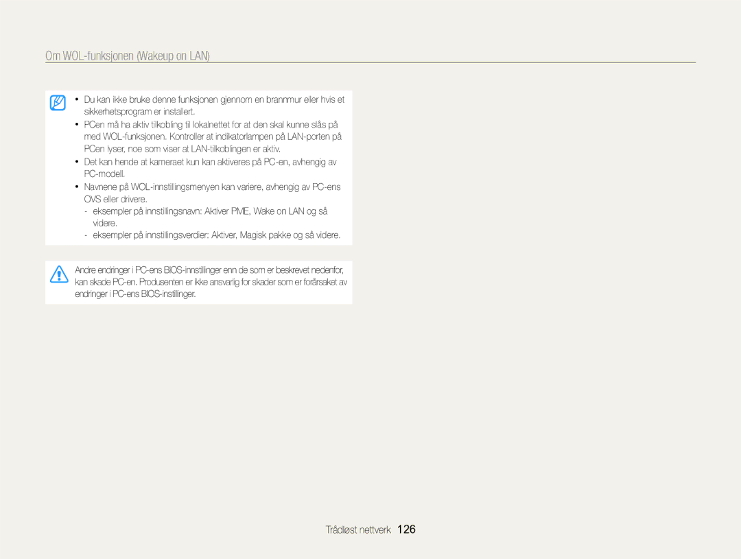 Samsung EC-SH100ZBPRE2, EC-SH100ZBPSE2, EC-SH100ZBPBE2 manual Om WOL-funksjonen Wakeup on LAN 