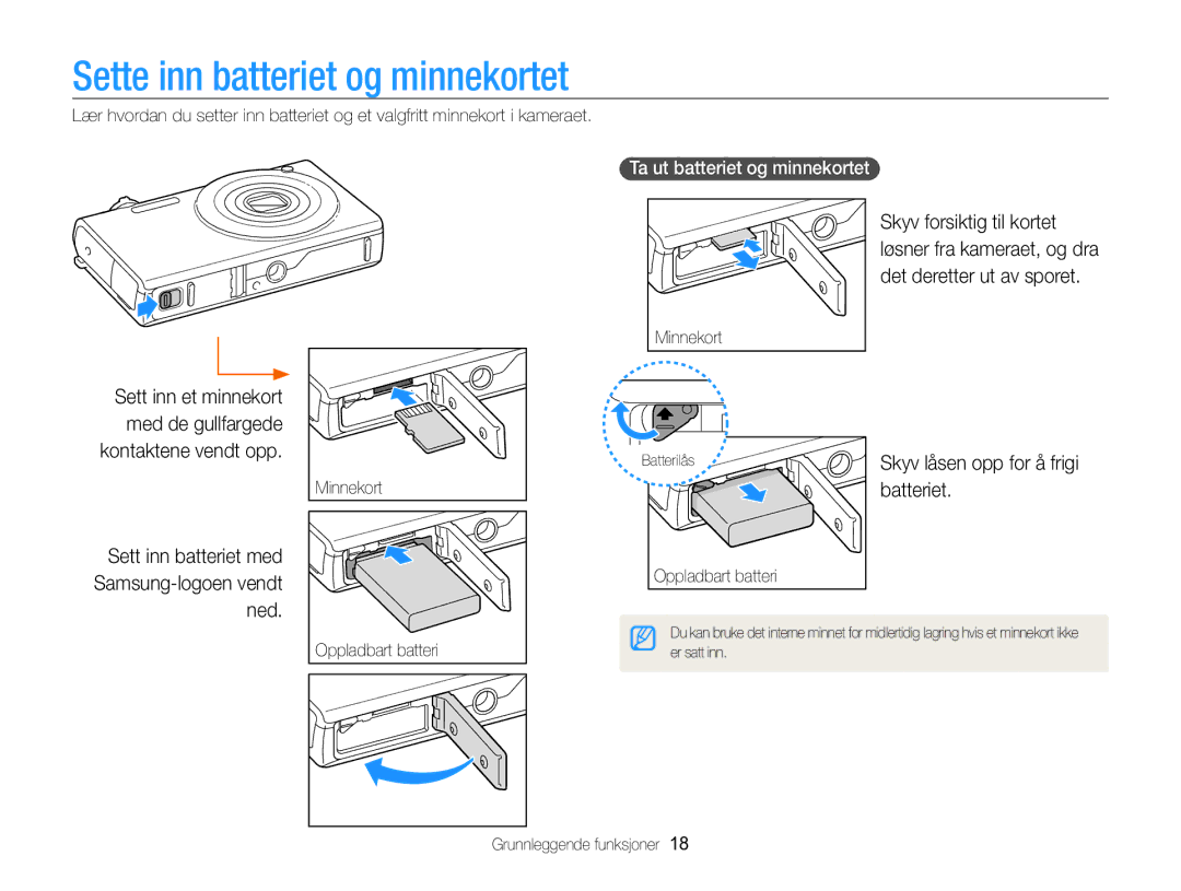 Samsung EC-SH100ZBPRE2, EC-SH100ZBPSE2 Sette inn batteriet og minnekortet, Sett inn batteriet med Samsung-logoen vendt ned 