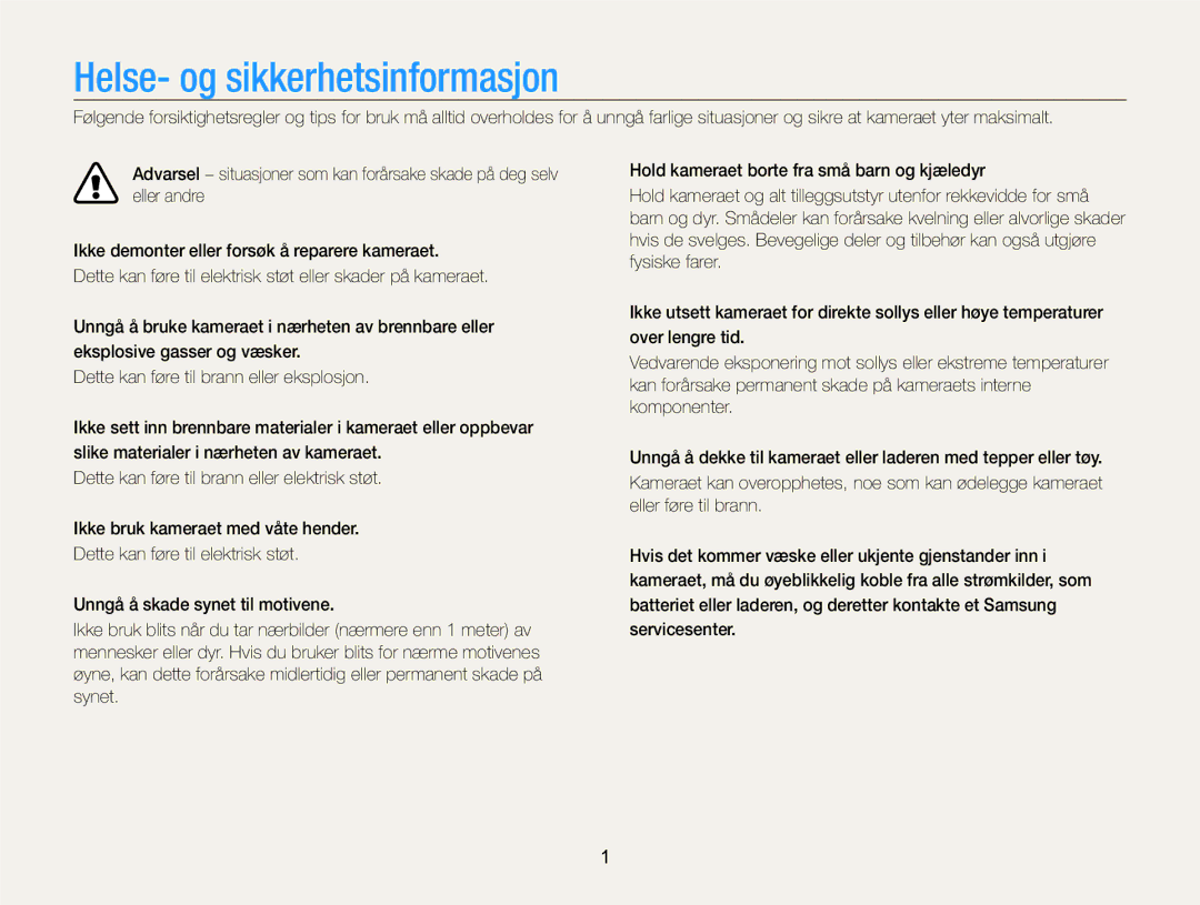 Samsung EC-SH100ZBPBE2, EC-SH100ZBPSE2, EC-SH100ZBPRE2 manual Helse- og sikkerhetsinformasjon 