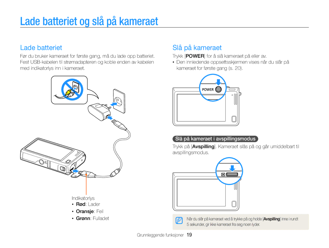 Samsung EC-SH100ZBPBE2, EC-SH100ZBPSE2 manual Lade batteriet og slå på kameraet, Slå på kameraet i avspillingsmodus 