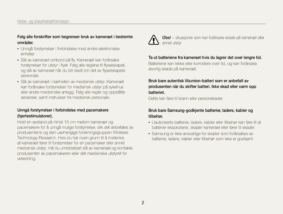 Samsung EC-SH100ZBPSE2, EC-SH100ZBPRE2, EC-SH100ZBPBE2 manual Helse- og sikkerhetsinformasjon 
