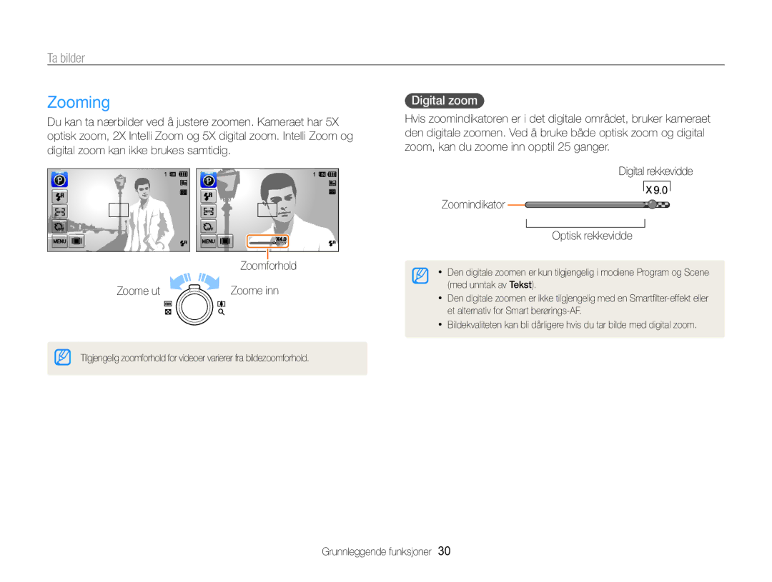 Samsung EC-SH100ZBPRE2, EC-SH100ZBPSE2, EC-SH100ZBPBE2 manual Zooming, Ta bilder, Digital zoom 