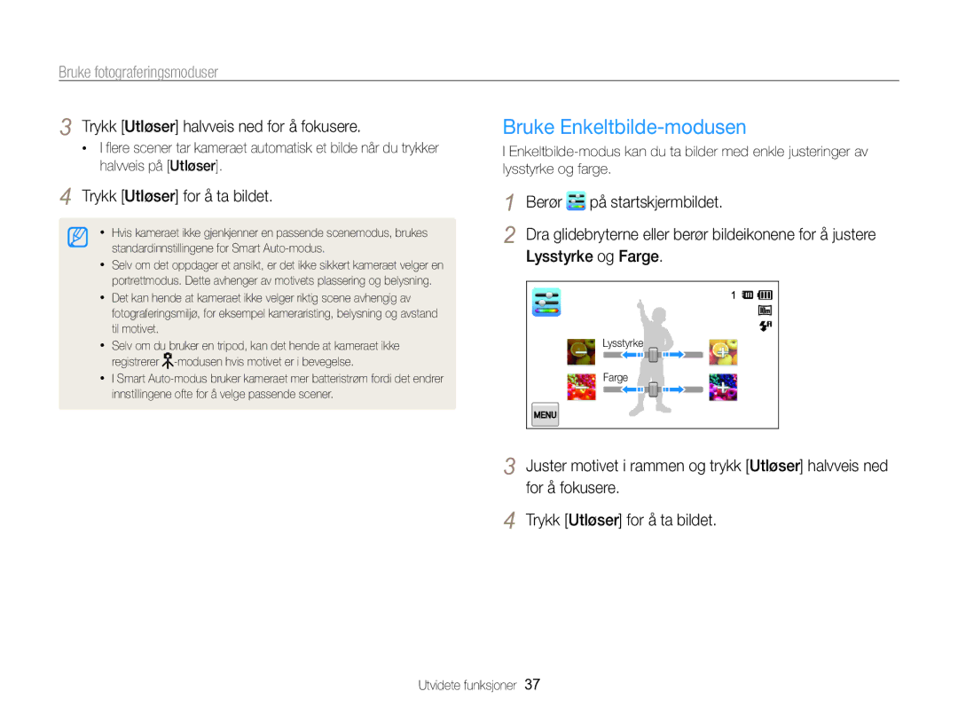 Samsung EC-SH100ZBPBE2, EC-SH100ZBPSE2, EC-SH100ZBPRE2 manual Bruke Enkeltbilde-modusen, Bruke fotograferingsmoduser 