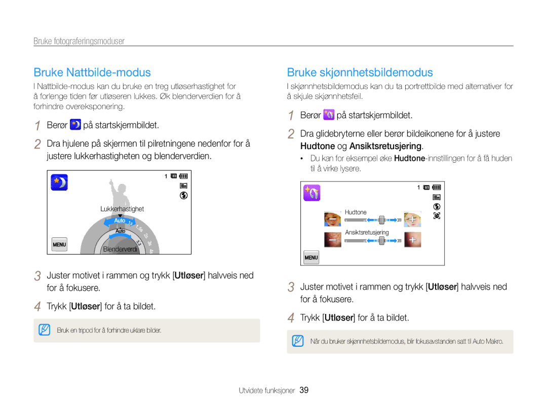 Samsung EC-SH100ZBPRE2 Bruke Nattbilde-modus, Bruke skjønnhetsbildemodus, Justere lukkerhastigheten og blenderverdien 