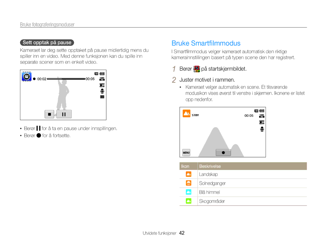Samsung EC-SH100ZBPRE2, EC-SH100ZBPSE2, EC-SH100ZBPBE2 manual Bruke Smartﬁlmmodus, Sett opptak på pause, Landskap 