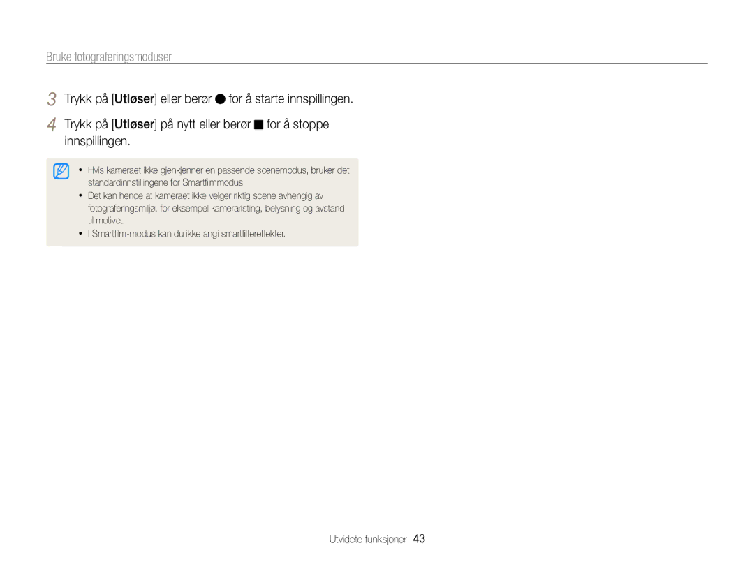 Samsung EC-SH100ZBPBE2, EC-SH100ZBPSE2, EC-SH100ZBPRE2 manual Bruke fotograferingsmoduser 