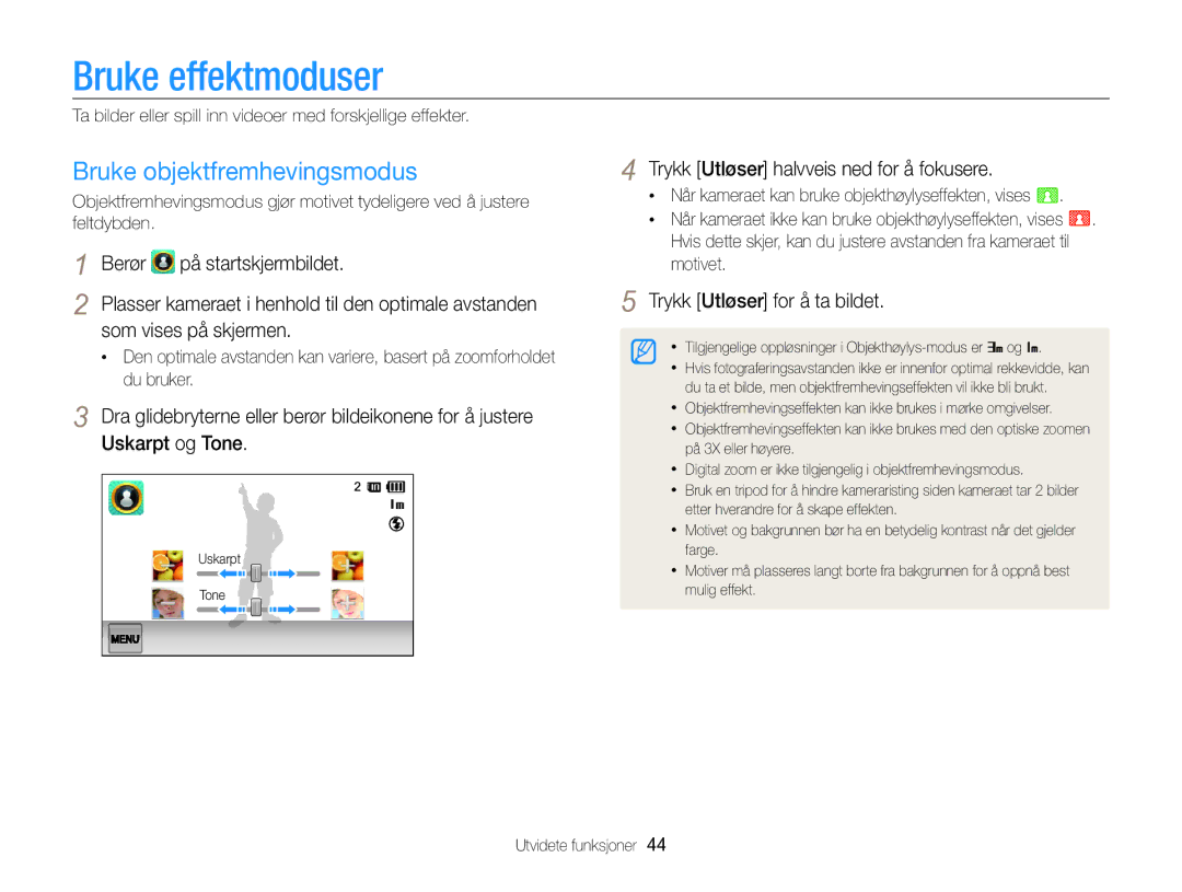 Samsung EC-SH100ZBPSE2 manual Bruke effektmoduser, Bruke objektfremhevingsmodus, Som vises på skjermen, Uskarpt og Tone 