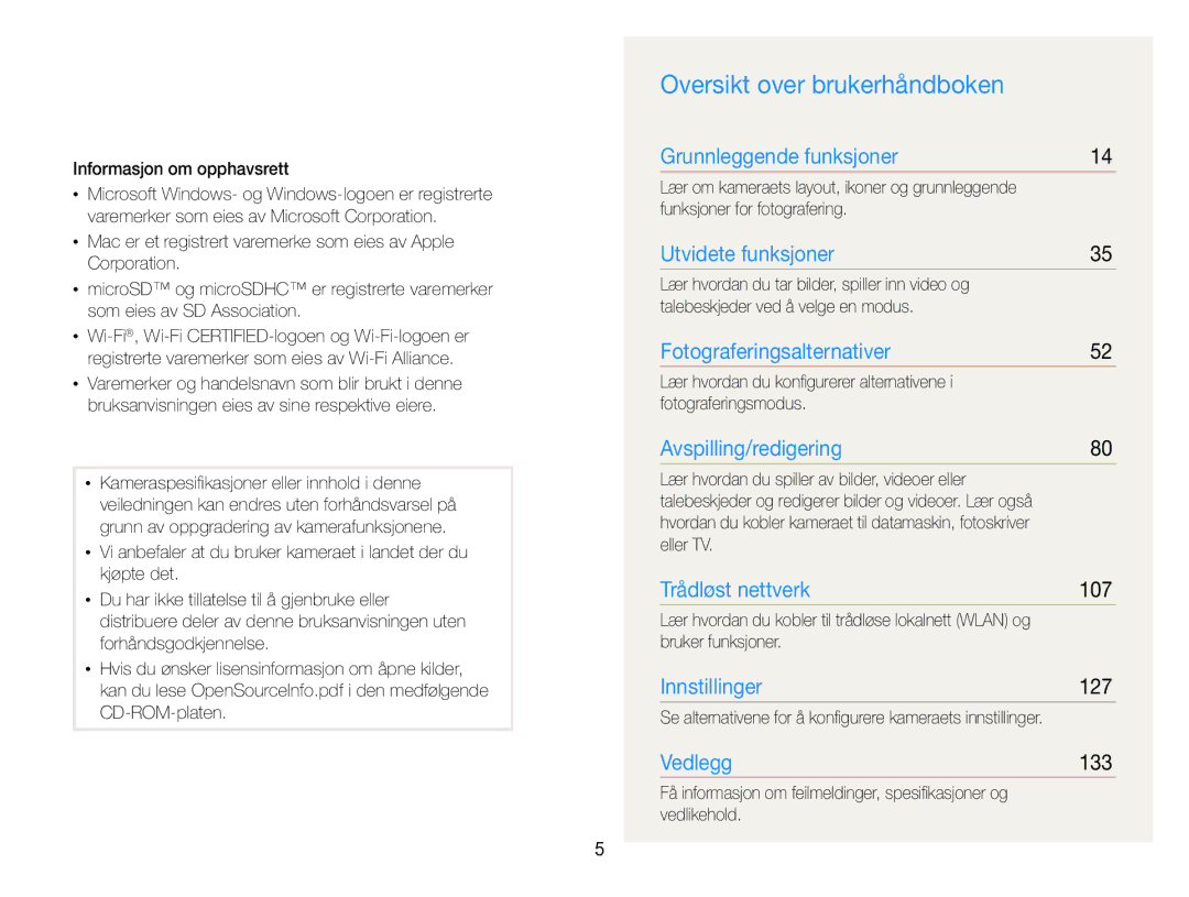 Samsung EC-SH100ZBPSE2, EC-SH100ZBPRE2, EC-SH100ZBPBE2 manual Oversikt over brukerhåndboken, 107, 127, 133 