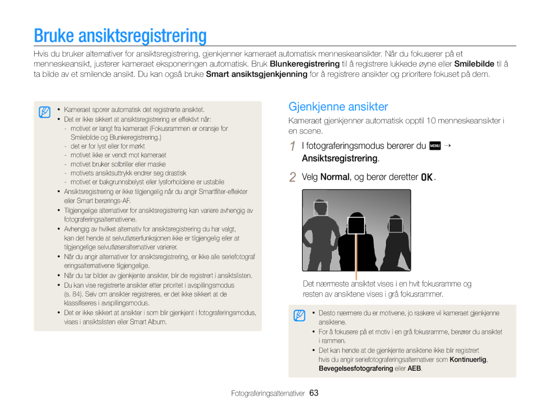 Samsung EC-SH100ZBPRE2, EC-SH100ZBPSE2, EC-SH100ZBPBE2 manual Bruke ansiktsregistrering, Gjenkjenne ansikter 