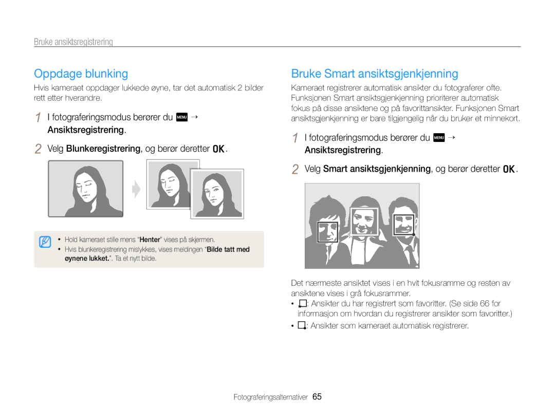 Samsung EC-SH100ZBPSE2, EC-SH100ZBPRE2, EC-SH100ZBPBE2 manual Oppdage blunking, Bruke Smart ansiktsgjenkjenning 