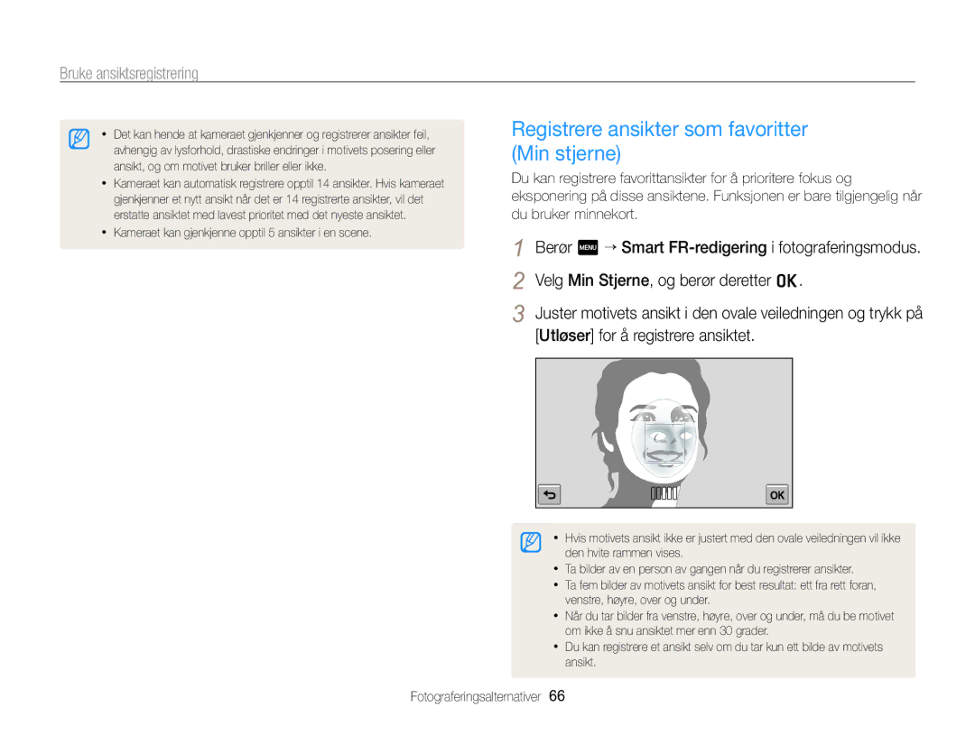 Samsung EC-SH100ZBPRE2, EC-SH100ZBPSE2, EC-SH100ZBPBE2 manual Registrere ansikter som favoritter Min stjerne 