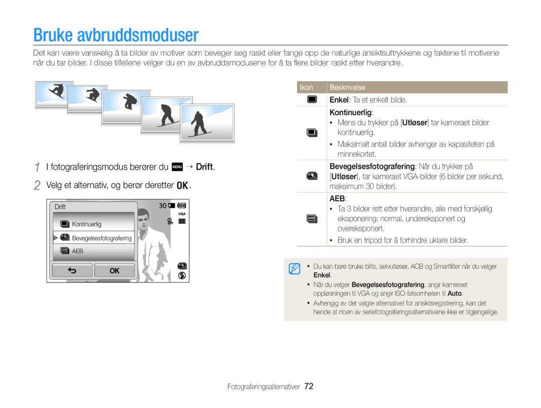 Samsung EC-SH100ZBPRE2, EC-SH100ZBPSE2, EC-SH100ZBPBE2 manual Bruke avbruddsmoduser 