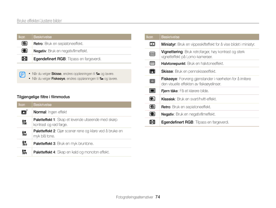 Samsung EC-SH100ZBPSE2, EC-SH100ZBPRE2, EC-SH100ZBPBE2 manual Bruke effekter/Justere bilder 