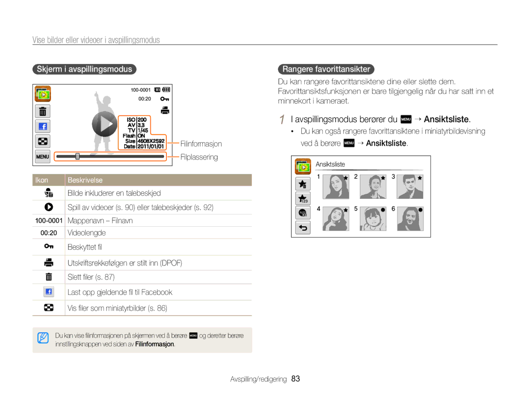 Samsung EC-SH100ZBPSE2 Avspillingsmodus berører du m “ Ansiktsliste, Skjerm i avspillingsmodus, Rangere favorittansikter 