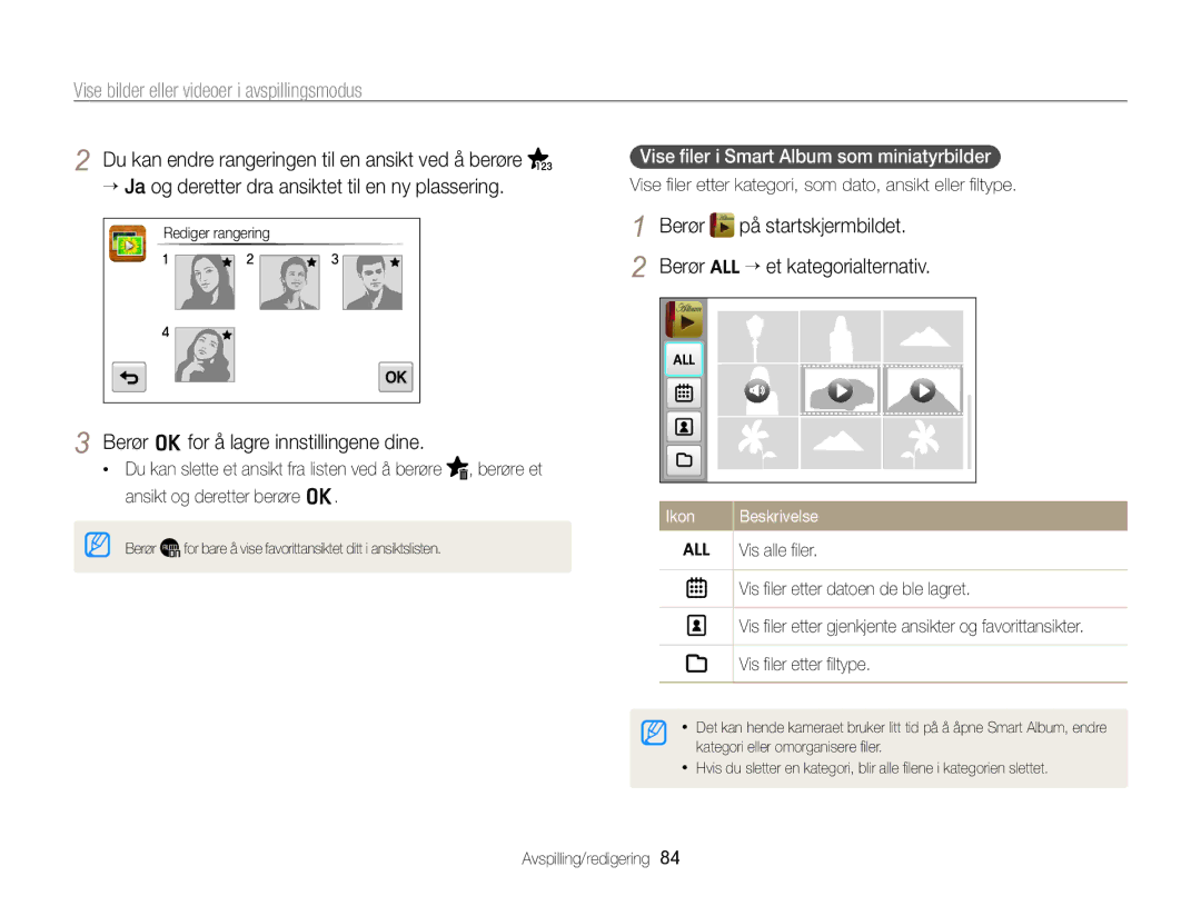 Samsung EC-SH100ZBPRE2, EC-SH100ZBPSE2, EC-SH100ZBPBE2 Vise ﬁler i Smart Album som miniatyrbilder, “ et kategorialternativ 