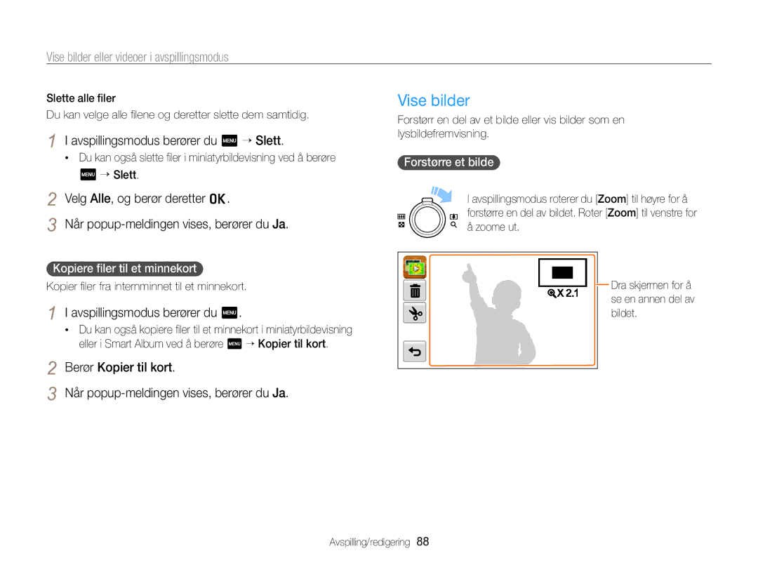 Samsung EC-SH100ZBPBE2, EC-SH100ZBPSE2 Vise bilder, Avspillingsmodus berører du m “ Slett, Kopiere ﬁler til et minnekort 