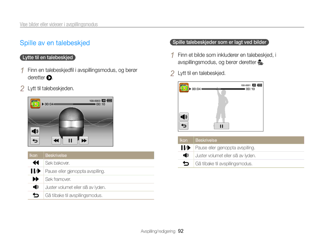 Samsung EC-SH100ZBPSE2 manual Spille av en talebeskjed, Lytt til en talebeskjed, Lytte til en talebeskjed, Søk framover 