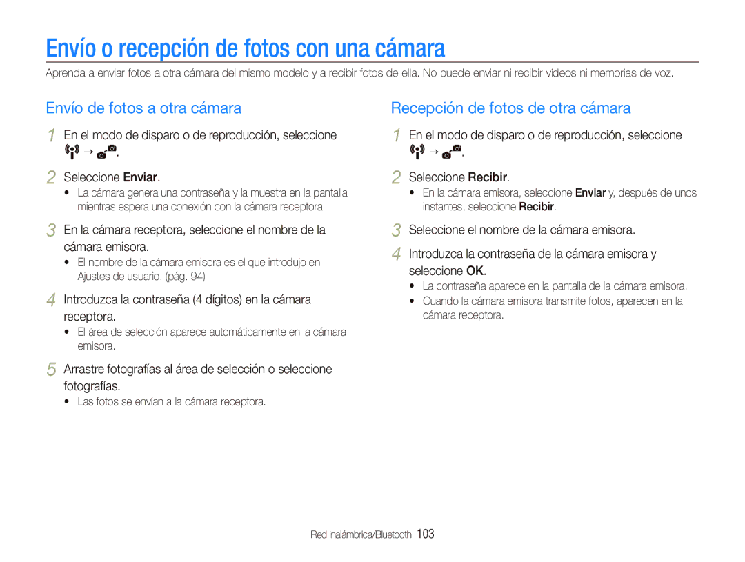 Samsung EC-ST1000BPGZA, EC-ST1000BPBE1 Envío o recepción de fotos con una cámara, Seleccione Enviar Seleccione Recibir 