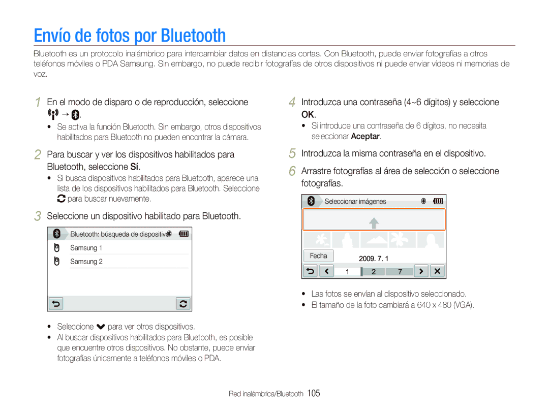 Samsung EC-ST1000BPSE3, EC-ST1000BPBE1 Envío de fotos por Bluetooth, Introduzca una contraseña 4~6 dígitos y seleccione 