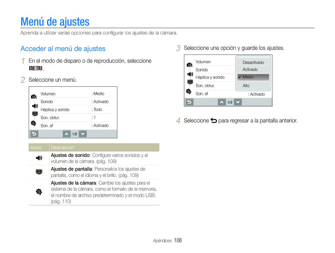 Samsung EC-ST1000BPSE3 Menú de ajustes, Acceder al menú de ajustes, Seleccione una opción y guarde los ajustes, Apéndices 