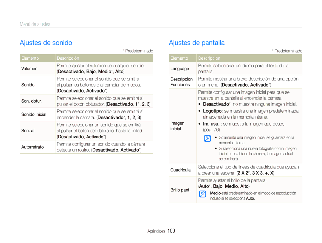 Samsung EC-ST1000BPGZA, EC-ST1000BPBE1 manual Ajustes de sonido, Ajustes de pantalla, Menú de ajustes, Elemento Descripción 