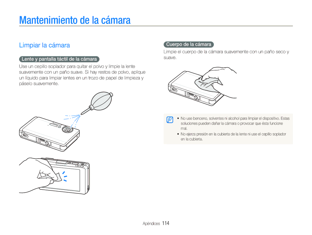 Samsung EC-ST1000BPSE3, EC-ST1000BPBE1 Mantenimiento de la cámara, Limpiar la cámara, Lente y pantalla táctil de la cámara 