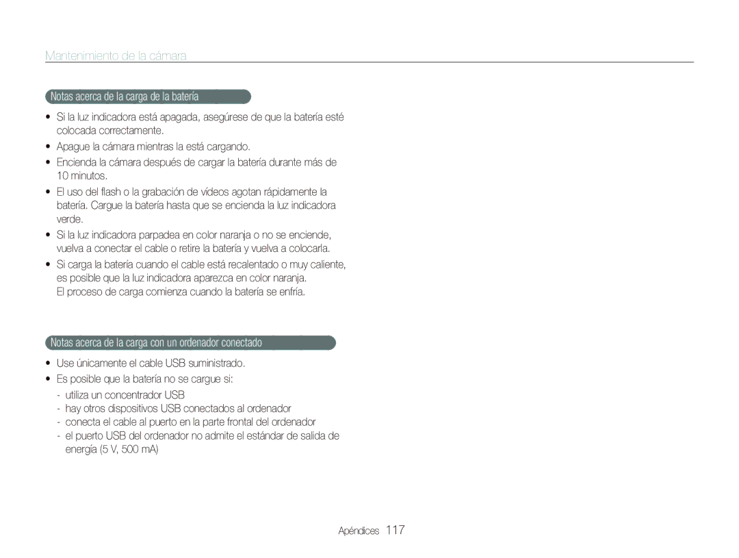 Samsung EC-ST1000BPSE3 manual Notas acerca de la carga de la batería, Notas acerca de la carga con un ordenador conectado 