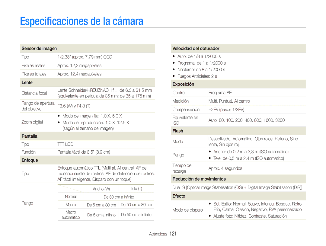 Samsung EC-ST1000BPGZA, EC-ST1000BPBE1 manual Especiﬁcaciones de la cámara, F3.6 W y F4.8 T, Flash Modo, Lenta, Sin ojos roj 