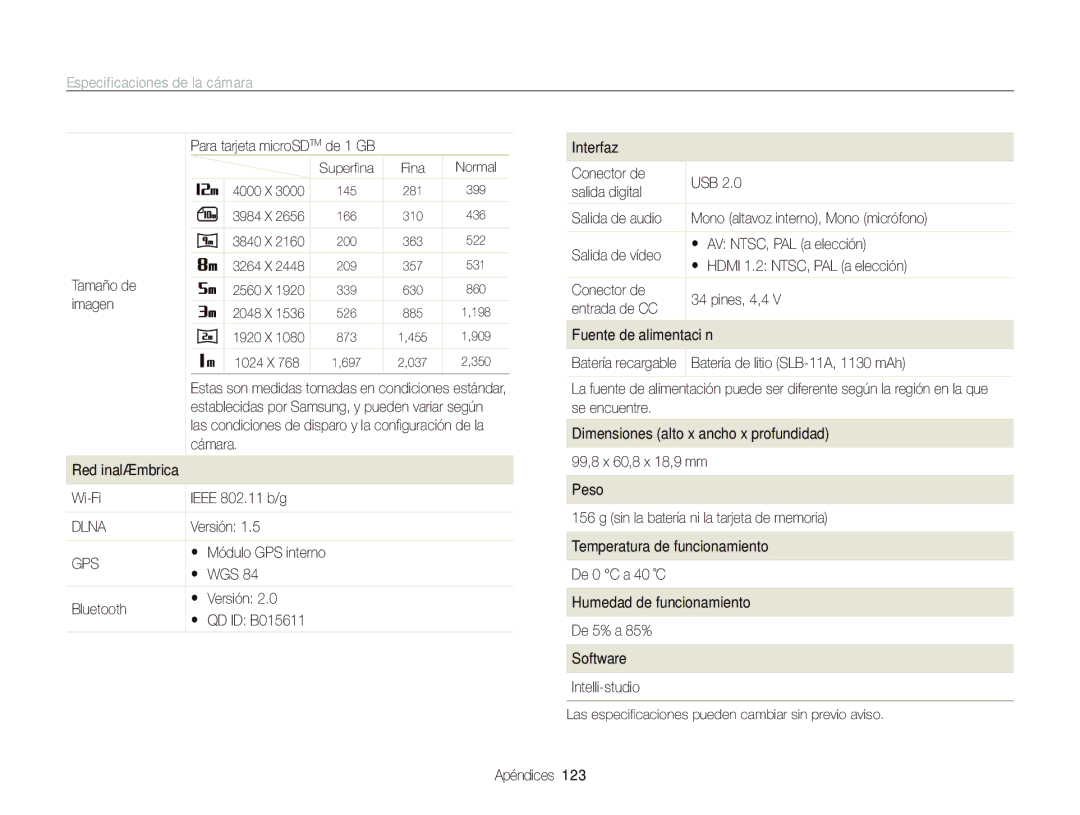 Samsung EC-ST1000BPSE3 manual Tamaño de, Wi-Fi Ieee 802.11 b/g,  Módulo GPS interno  WGS Bluetooth  Versión 