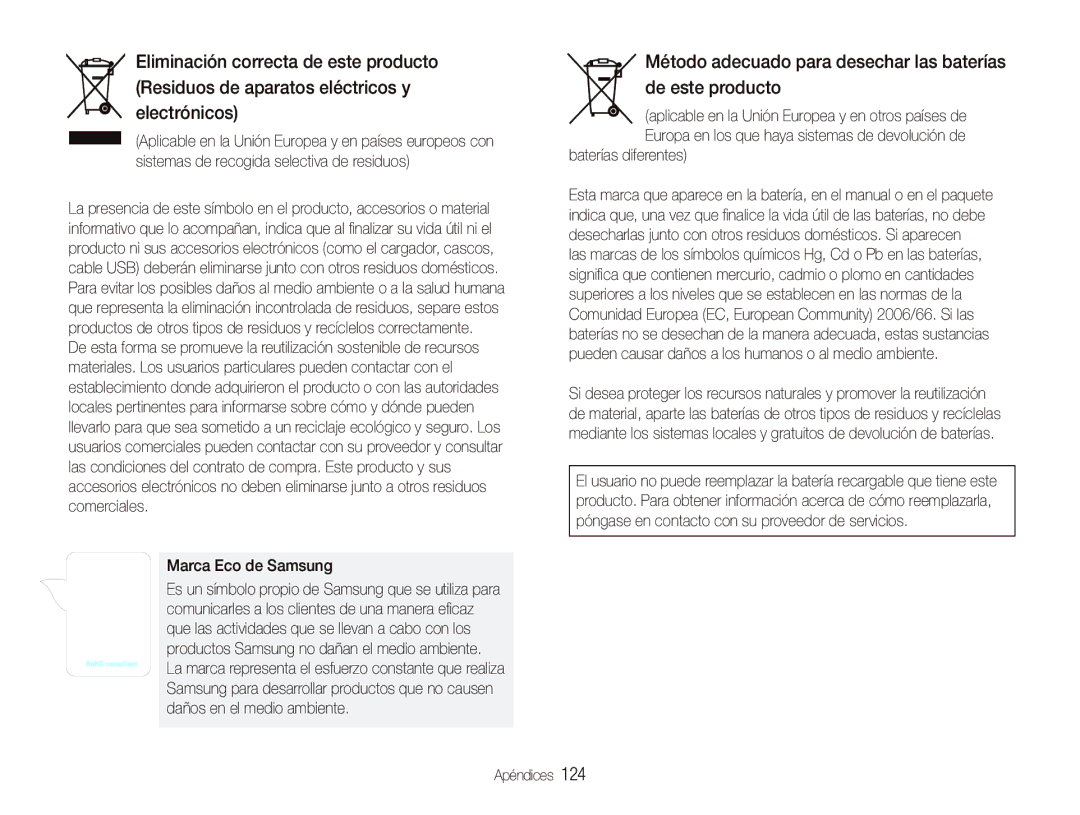Samsung EC-ST1000BPGZA, EC-ST1000BPBE1 Método adecuado para desechar las baterías de este producto, Marca Eco de Samsung 
