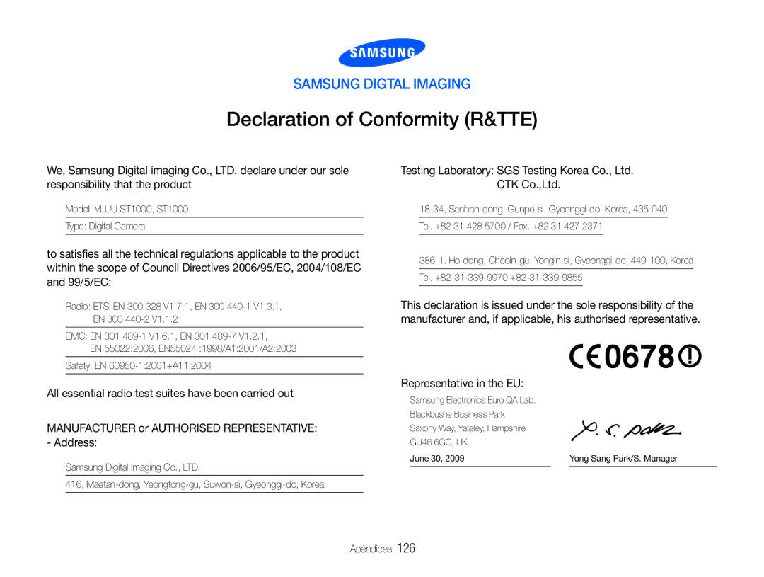 Samsung EC-ST1000BPSE3, EC-ST1000BPBE1, EC-ST1000BPGZA manual Declaration of Conformity R&TTE, Representative in the EU 