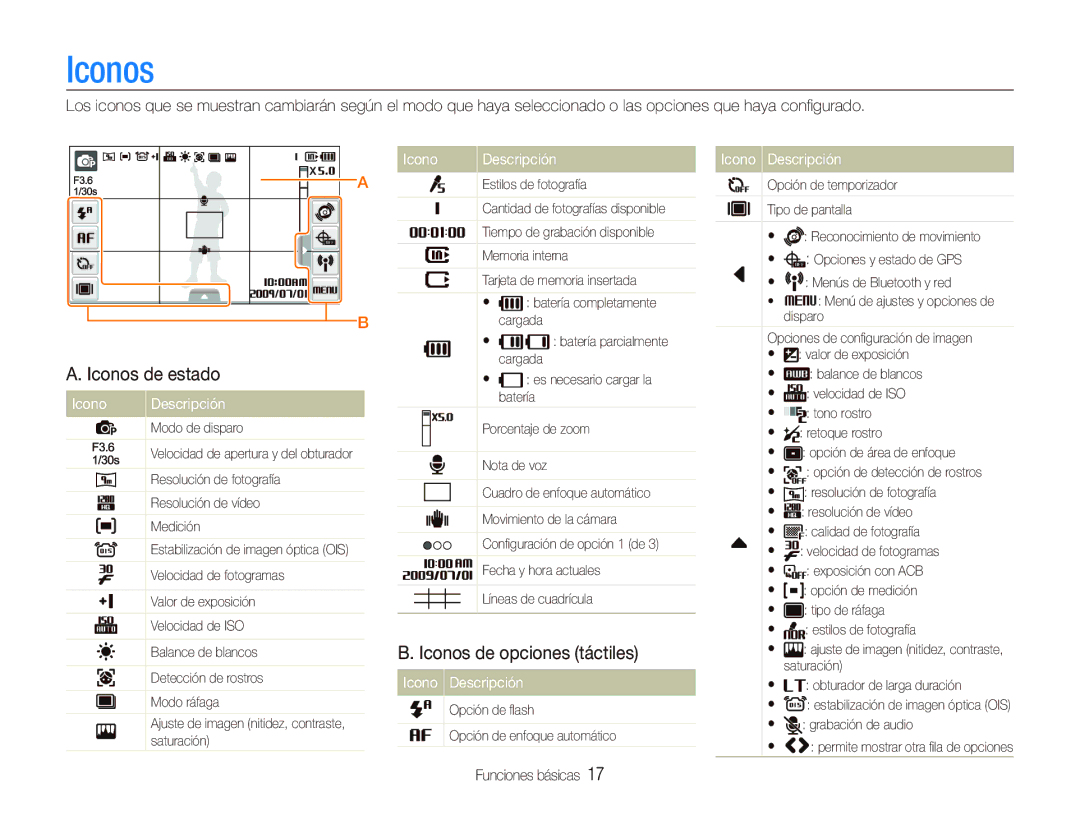 Samsung EC-ST1000BPBE1, EC-ST1000BPSE3, EC-ST1000BPGZA Iconos de estado, Iconos de opciones táctiles, Icono Descripción 