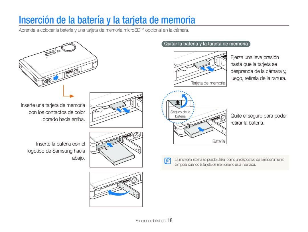 Samsung EC-ST1000BPSE3, EC-ST1000BPBE1, EC-ST1000BPGZA Inserción de la batería y la tarjeta de memoria, Retirar la batería 