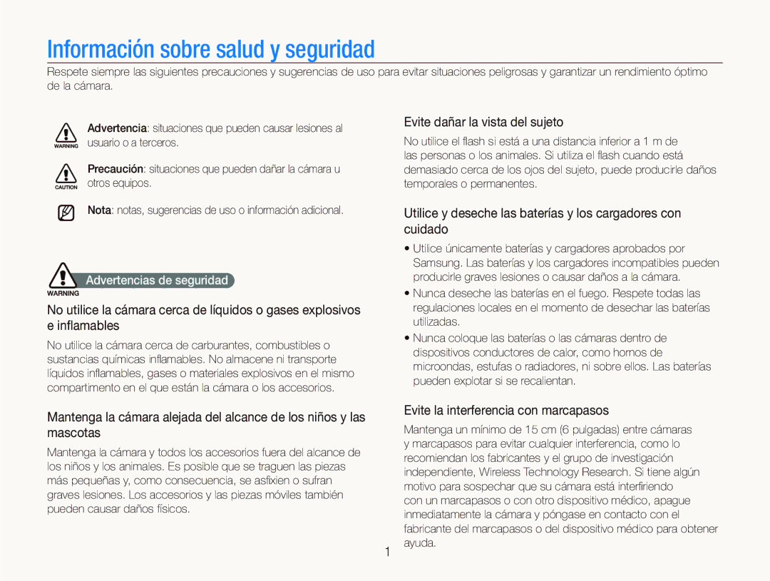 Samsung EC-ST1000BPGZA manual Evite dañar la vista del sujeto, Utilice y deseche las baterías y los cargadores con cuidado 