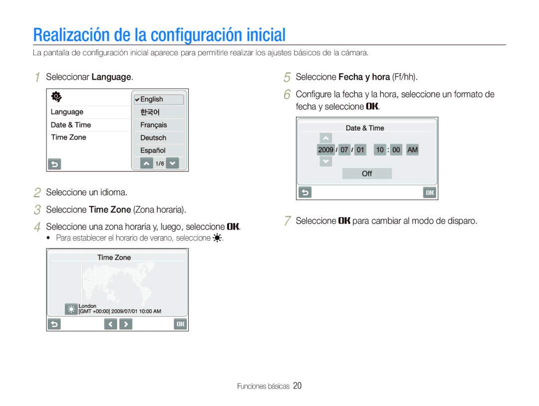 Samsung EC-ST1000BPBE1 manual Realización de la conﬁguración inicial, Seleccionar Language Seleccione Fecha y hora Ff/hh 