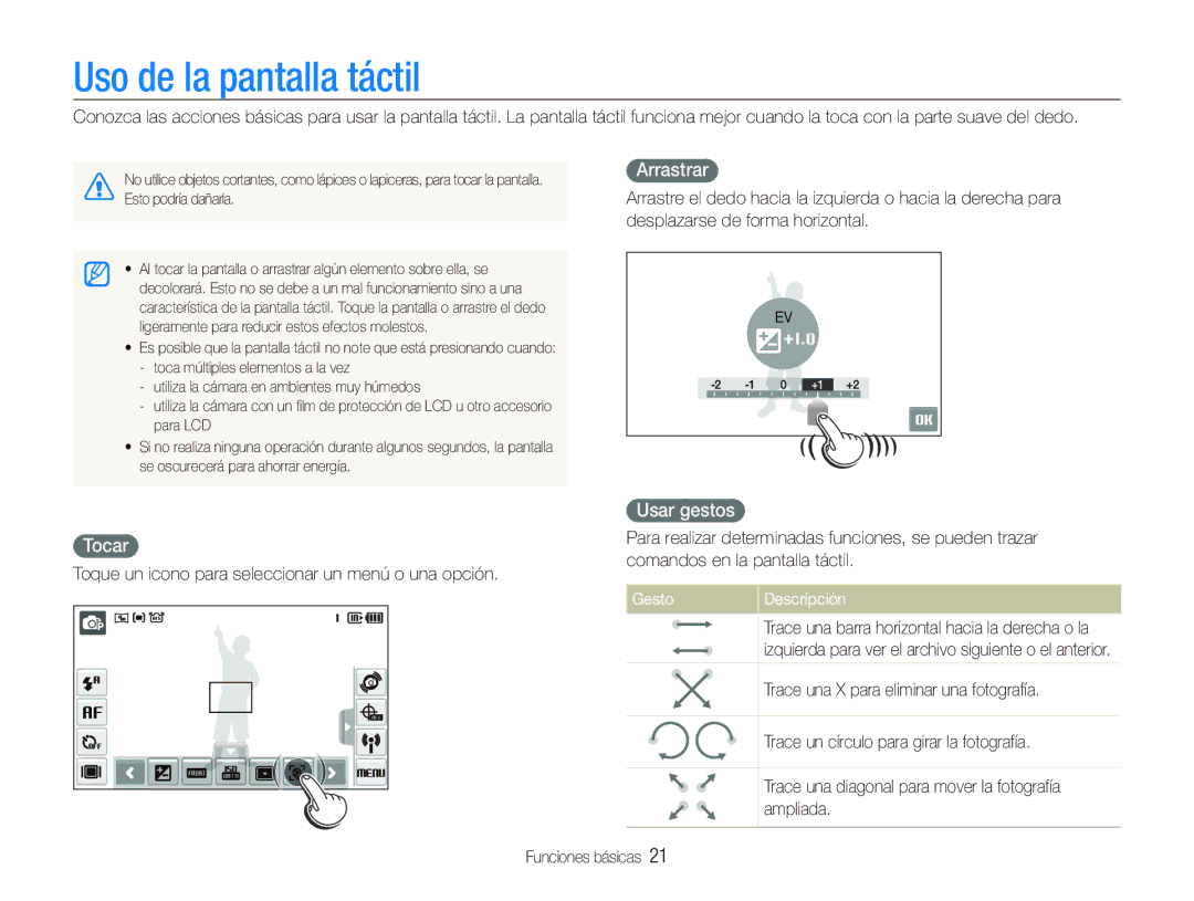 Samsung EC-ST1000BPSE3, EC-ST1000BPBE1 manual Uso de la pantalla táctil, Arrastrar, Tocar, Usar gestos, Gesto Descripción 
