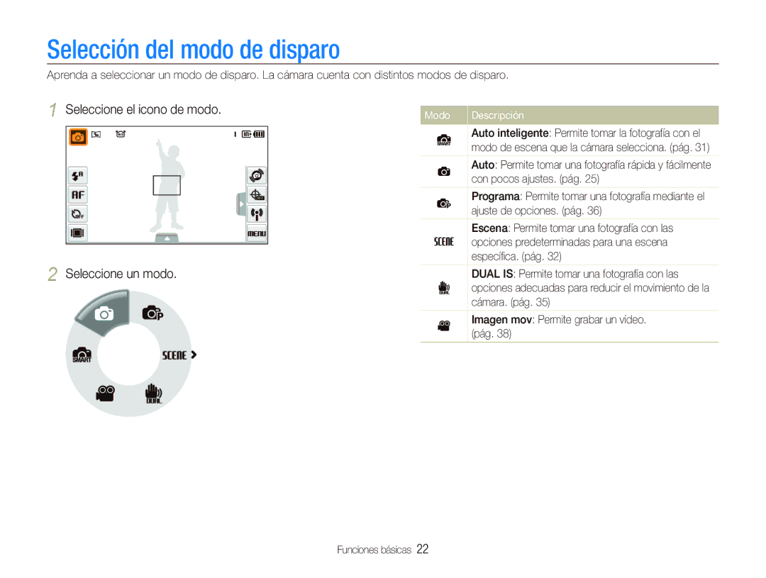 Samsung EC-ST1000BPGZA, EC-ST1000BPBE1 Selección del modo de disparo, Seleccione el icono de modo Seleccione un modo, Modo 
