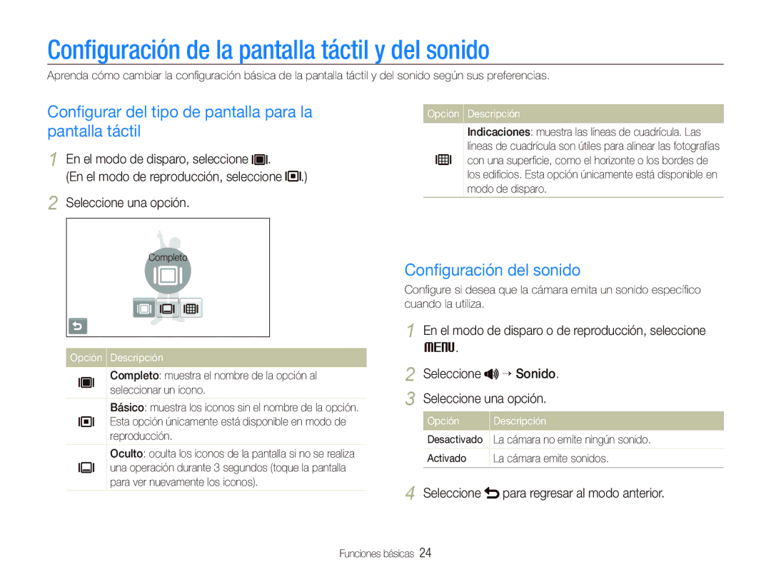 Samsung EC-ST1000BPSE3, EC-ST1000BPBE1 manual Conﬁguración de la pantalla táctil y del sonido, Conﬁguración del sonido 