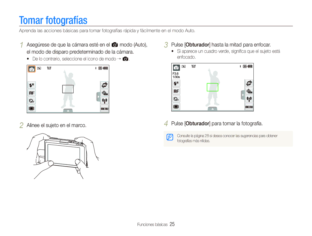 Samsung EC-ST1000BPGZA, EC-ST1000BPBE1, EC-ST1000BPSE3 manual Tomar fotografías, Pulse Obturador hasta la mitad para enfocar 