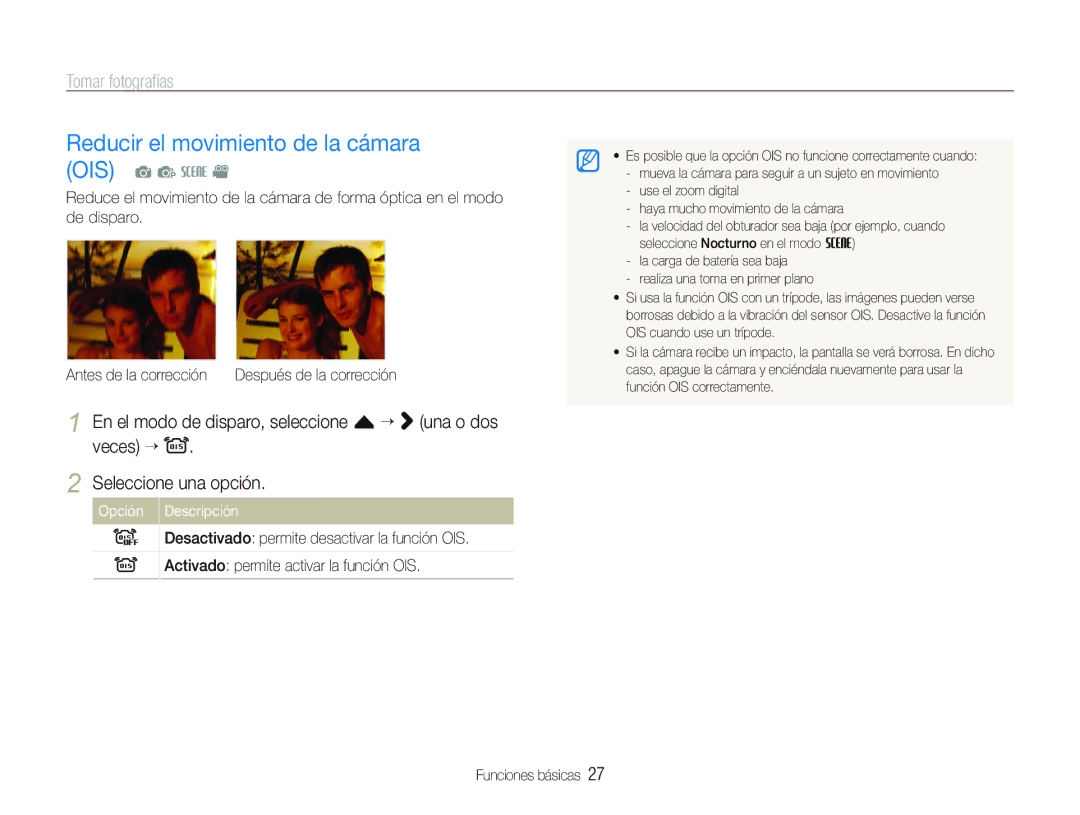 Samsung EC-ST1000BPSE3, EC-ST1000BPBE1, EC-ST1000BPGZA manual Reducir el movimiento de la cámara OIS, Opción Descripción 