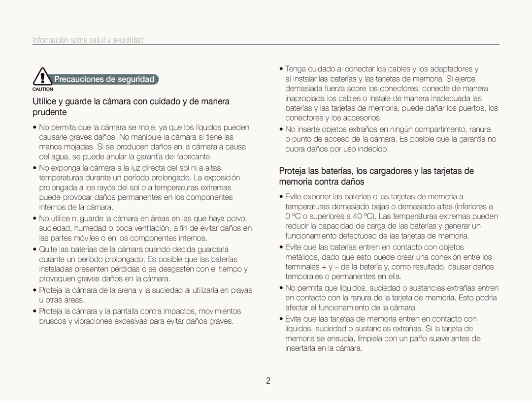 Samsung EC-ST1000BPBE1 Información sobre salud y seguridad, Utilice y guarde la cámara con cuidado y de manera prudente 