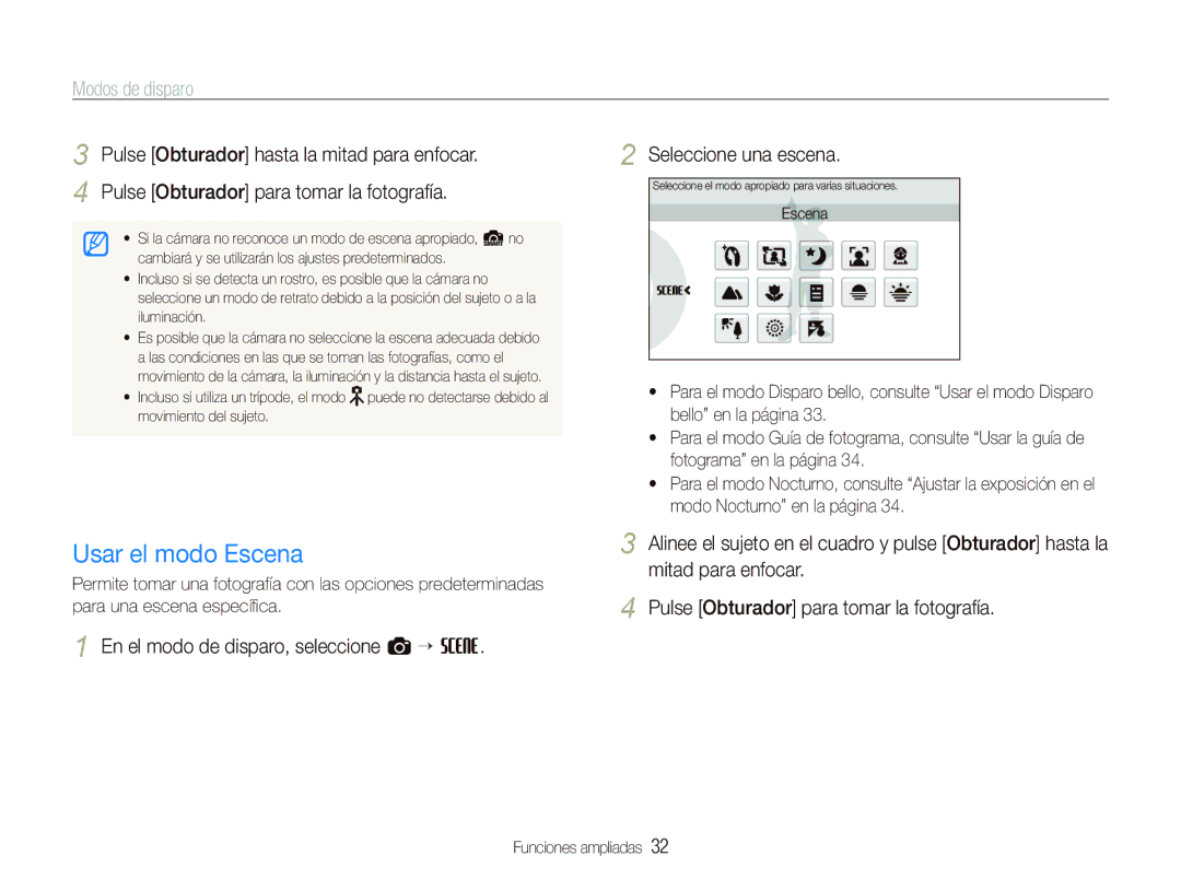 Samsung EC-ST1000BPBE1, EC-ST1000BPSE3, EC-ST1000BPGZA manual Usar el modo Escena, Modos de disparo, Seleccione una escena 