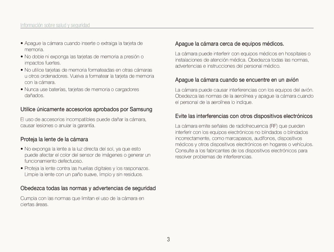 Samsung EC-ST1000BPSE3 manual Apague la cámara cerca de equipos médicos, Apague la cámara cuando se encuentre en un avión 