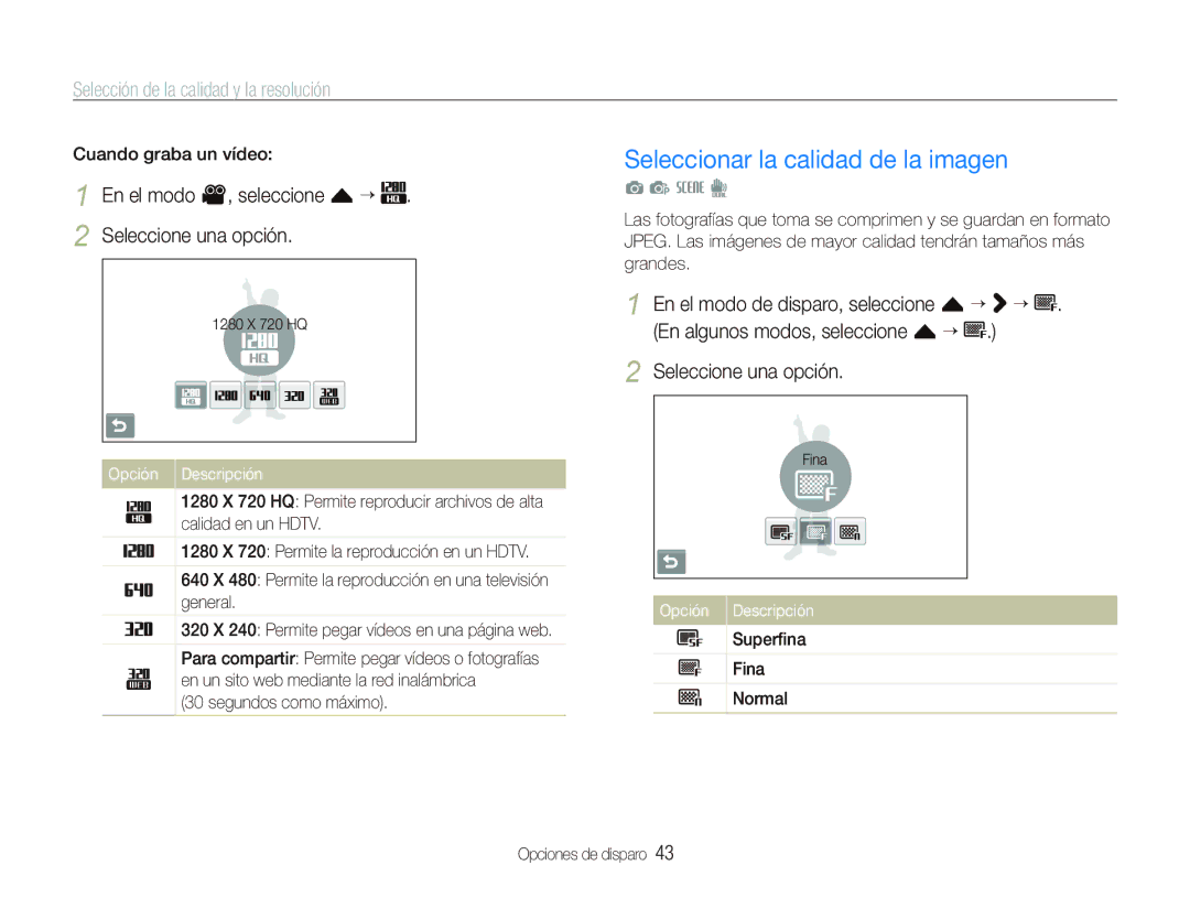 Samsung EC-ST1000BPGZA, EC-ST1000BPBE1 manual Seleccionar la calidad de la imagen, Selección de la calidad y la resolución 